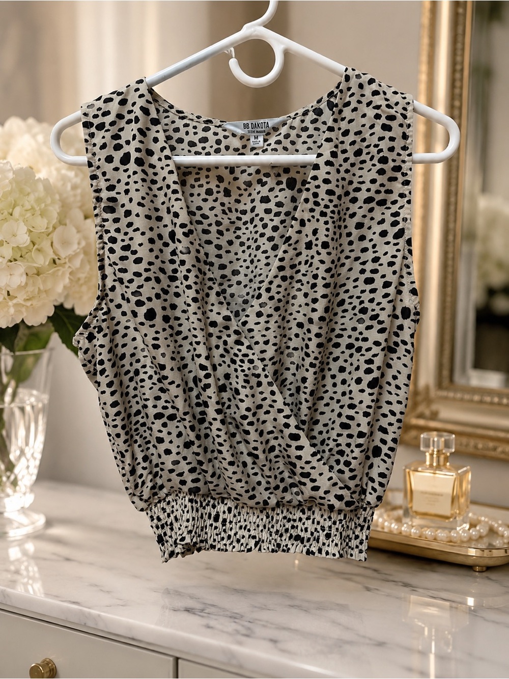 BB Dakota Beige and Black Dot Surplice Smocked Hem Camisole